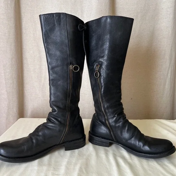 Fiorentini + Baker Emma Tall Leather Boots Black Italy Size 38 Lace Back
